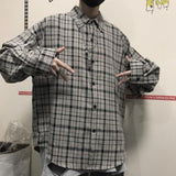 Jinquedai Ootdstudio Korean ins versatile Plaid loose oversize long sleeve shirt for men and camisa masculina gray shirts jinquedai