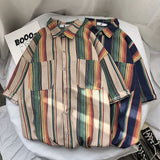 Summer Striped Shirt Men's Fashion Contrast Color Casual Short Sleeve Shirt Men Streetwear Wild Loose Dress Shirts Mens S-2XL jinquedai