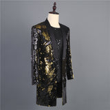 Jinquedai Shawl Collar Sequins Blazer Men's Stage Costume Nightclub Singer Host Dj Mid-long Jacket jinquedai