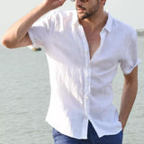 Men's Casual Short Sleeve Shirt Street Wear Lapel Button Solid Color Cotton Linen Shirt for Men Vintage Vacation Blouse M-3XL jinquedai