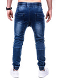 Jinquedai  Solid Color Vintage Man Wrinkle Jeans Blue Classic Cargo Pants Mans Zipper Pockets Hip-hop Denim pants Drawstring Casual Trouser jinquedai