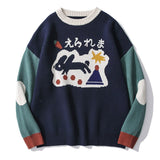 Men Hip Hop Streetwear Harajuku Sweater Vintage Retro Japanese Style Cartoon Bunny Jacquard Knitted Sweater Autumn Pullover