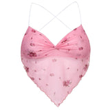 Pink Cute Mesh Halter Tops Women Flower Print Y2K Aesthetic Kawaii Clothes Sleeveless Backless Sexy Crop Top jinquedai