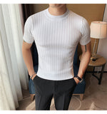 Jinquedai High Quality Summer Short Sleeve Striped Knitted T Shirts For Men Clothing Stretched Slim Fit Casual Tee Shirt Homme 3XL-M jinquedai