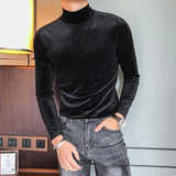 Jinquedai New Autumn Long Sleeve T Shirts Men Fashion Men Clothes Velvet Stretched Turtleneck Slim Fit All Match Solid Men T-Shirts jinquedai