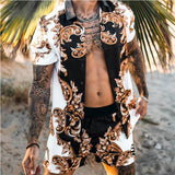 Summer Men Clothing Set Casual Hawaiian Print Short Sleeve Shirt and Beach Shorts Quick-drying 2 Piece Suit jinquedai