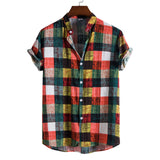 Jinquedai Men Clothing Summer New Men's Fashion Trend Color Plaid Print Stand-up Collar Short-sleeved Shirt Camisas Para Hombre jinquedai