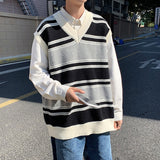 Jinquedai  Stripe Sweater Vest Men Fashion Retro Casual V-neck Sweater Vest Men Streetwear Korean Loose Vest Sweater Pullover Mens Clothes jinquedai