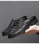 Jinquedai  Black Mules Men Leather Shoes Loafers Crocodile Shoes Men Fashion Half Shoes for Men jinquedai