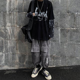 Black Hip Hop T-Shirt Mens Casual Autumn Tops Tee Fake Two Piece Long Sleeve Men T Shirt Fashion Japan Tshirt Streetwear Boys jinquedai