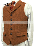 Men's Wool Tweed Slim Fit Leisure Cotton Burgundy Vest Gentleman Herringbone Business Brown Waistcoat Blazer For Wedding Groom jinquedai