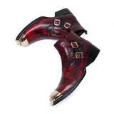 Fashion Men Boots Gold Iron Toe Luxury Men's Leather Boots Ankle Buckles Red Party Wedding Dress Boots chaussure homme jinquedai