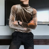 Jinquedai New Autumn Long Sleeve T Shirts Men Fashion Men Clothes Velvet Stretched Turtleneck Slim Fit All Match Solid Men T-Shirts jinquedai