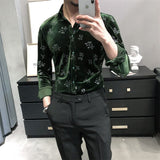 Jingquedai Elegant Blackish Green Velour Shirts For Men Velvet Vintage Clothes Slim Fit Retro Stylish Mens Shirts Wedding Party Dress Tops jinquedai