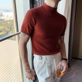 Jinquedai Autumn New Short Sleeve Knitted Sweater Men Clothing  All Match Slim Fit Stretched Turtleneck Casual Pull Homme Pullovers