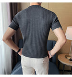 Jinquedai High Quality Summer Short Sleeve Striped Knitted T Shirts For Men Clothing Stretched Slim Fit Casual Tee Shirt Homme 3XL-M jinquedai