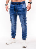 Jinquedai  Solid Color Vintage Man Wrinkle Jeans Blue Classic Cargo Pants Mans Zipper Pockets Hip-hop Denim pants Drawstring Casual Trouser jinquedai