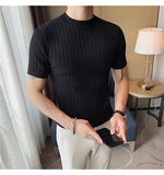 Jinquedai High Quality Summer Short Sleeve Striped Knitted T Shirts For Men Clothing Stretched Slim Fit Casual Tee Shirt Homme 3XL-M jinquedai