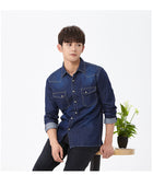 Jinquedai  Men's Slim Denim Shirt spring High Quality 100% Cotton Square Collar Pocket Button Fashion Long Sleeve Shirt jinquedai