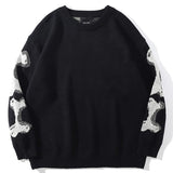 Men Oversized Sweater Black Loose Skeleton Bone Print Women Vintage Retro Knitted Sweater  Autumn Cotton Pullover Unisex jinquedai