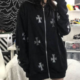 Rhinestone Autumn Cross Zip Up Oversized Hoodie Anime Aesthetic Grunge Streetwear Women's Cyber Y2k Sweatshirts Hoodies худи jinquedai