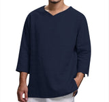 Jinquedai  New Men's V Neck Cotton Linen T Shirts Male Breathable Solid Color Long Sleeve Casual Sports Fashion Linen T-Shirt Tops M-4XL jinquedai