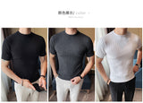 Jinquedai High Quality Summer Short Sleeve Striped Knitted T Shirts For Men Clothing Stretched Slim Fit Casual Tee Shirt Homme 3XL-M jinquedai