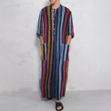 Men's Muslim Long Sleeve Cotton Striped Robes Summer Islamic Arabian Kaftan Suit Middle East Dubai Abaya Retro jinquedai