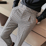 Jinquedai  British Style Men High Waist Business Dress Pants Fashion Houndstooth Office Social Suit Pants Wedding Groom Casual Trousers Men jinquedai