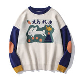 Men Hip Hop Streetwear Harajuku Sweater Vintage Retro Japanese Style Cartoon Bunny Jacquard Knitted Sweater Autumn Pullover jinquedai