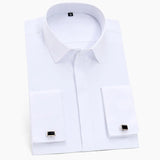 Jingquedai   Classic French Cuffs Solid Dress Shirt Covered Placket Formal Business Standard-fit Long Sleeve Office Work White Shirts jinquedai