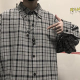Jinquedai Ootdstudio Korean ins versatile Plaid loose oversize long sleeve shirt for men and camisa masculina gray shirts jinquedai