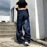 New autumn and winter American retro high street embroidery straight jeans Y2K men and women street mopping wide-leg pants jinquedai