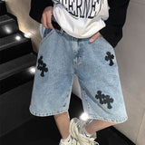 American style cross denim shorts men summer thin section Hong Kong style loose five-point pants trendy brand retro casual pants jinquedai