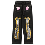 Letter Stars Graffiti Print Wide Leg Blue and Black Jeans Pants for Men and Women Straight Retro Casual Oversized Denim Trousers jinquedai