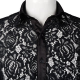 Black Sexy See Through Floral Lace Sheer Shirt Men Brand Renaissance Victorian Steampunk Gothic Medieval Shirt Men Camisas jinquedai