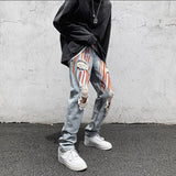 Jinquedai  Jeans Men's Letter Embroidery Ripped Holes Straight Retro Punk Pants Fashionable Hip-hop Streetwear Men S-3XL jinquedai