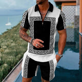 Summer Men's Sportswear Suit Plaid printed short sleeve Zipper Polo Shirt Suit Vacation suit 2 pieces jinquedai