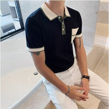 Jingquedai Camisa Masculina Polo Men's Short-sleeved Knitted Polo Shirt Summer Contrast Color Pocket British Slim Lapel Ice Silk Mode Homme jinquedai