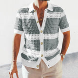 Summer Men's New Color Matching Cut-Out Sexy Lapel Single-Breasted Sweater Cardigan Short-Sleeved Shirt jinquedai