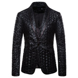 Mens Black Jacquard Bronzing Suit Jacket Blazer Shawl Collar One Button Blazers Men Party Wedding Stage Singer Costume Homme XXL
