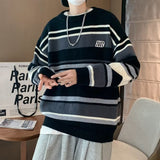 Literature and Art Men's Loose Stripe Round Neck Knitwear Men's Autumn Oversize Lazy Sweater men coat winter clothes sweter jinquedai