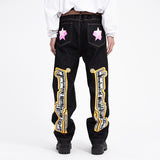 Letter Stars Graffiti Print Wide Leg Blue and Black Jeans Pants for Men and Women Straight Retro Casual Oversized Denim Trousers jinquedai