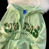 American retro women green flocking embroidery hooded cardigan spring and autumn new couple coat goth hoodies women jinquedai