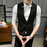 Jinquedai New Punk Style Rivet Male Vest Fashion V-neck One Button Black Vest Men Slim Fit Mens Suit Vest Waistcoat Men jinquedai