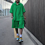 Sweatshirt Set Men Streetwear Lapel Neck Solid Color Half Sleeve Polo Shirt + Shorts 2 Pieces Fashion Casual Suits M-3XL jinquedai