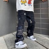 Jinquedai  Jeans Men's Letter Embroidery Ripped Holes Straight Retro Punk Pants Fashionable Hip-hop Streetwear Men S-3XL jinquedai
