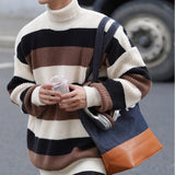 Turtleneck Striped Sweater For Men Loose Autumn Fashion Knitted Pullovers Warm New Brand Male Casual Clothing jinquedai