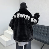 Letter Embroidery Men's Black Jackets Fake Fur Winter Coats Harajuku Gothic Loose Fashion Brand Male Thicken Parkas jinquedai