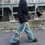 Hip Hop Ripped Jeans Distressed Double Layer Baggy Denim Pants Men's Fashion Streetwear Harajuku Blue Jeans jinquedai